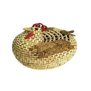 Vintage Chicken Rooster Basket with Lid Woven Wicker Rattan 8.5" x 6.5"